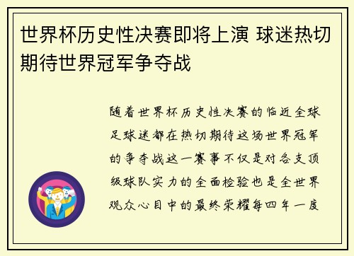 世界杯历史性决赛即将上演 球迷热切期待世界冠军争夺战